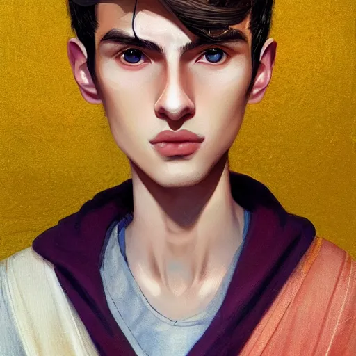 Image similar to colorful Captivating teenage boy with brown blond short quiff hair and thin facial structure with cleft chin, crooked nose, good definition of cheekbones, Alert brown eyes, narrow face, slim body, wearing a detailed Japanese kimono with golden details, atmospheric lighting, painted, intricate, 4k, highly detailed by Charlie Bowater