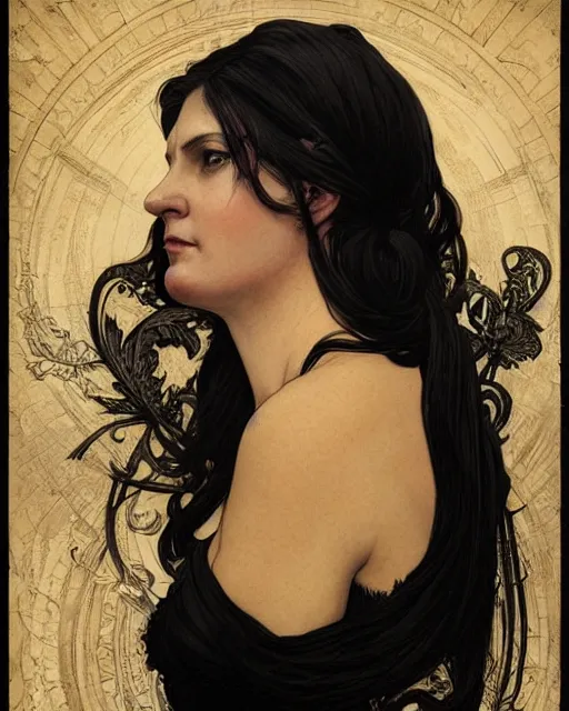 Prompt: portrait of evil a tall 4 0 - year - old woman with thin lips, heavy - lidded eyes, a strong jaw and long, thick shining black hair, thick eyebrows and long eyelashes, wearing in black clothes, hyper realistic face, beautiful eyes, fantasy art, in the style of greg rutkowski, intricate, alphonse mucha, hyper detailed, smooth