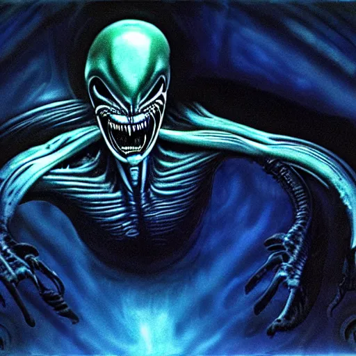 Image similar to a xenomorph looking menacingly at the camera, dramatic blue lighting, night, painted by h. r. giger