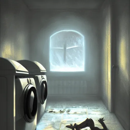 Image similar to demonic creature crawling out of a washing machine in a laundry room, cinematic lighting, inspired by Evgeny Lushpin,George, greg rutkowski winter,nighttime,cinematic,art station