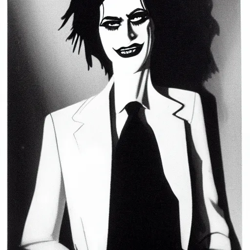 Image similar to A balck and white photgraphic portrait of the character, Desire, a tall, smiling androgyne with black hair and a grey pinstripe suit, studio lighting, medium shot, Life Magazine, 1978, Vertigo Comics, The Sandman written by Neil Gaiman, against a stormy sky