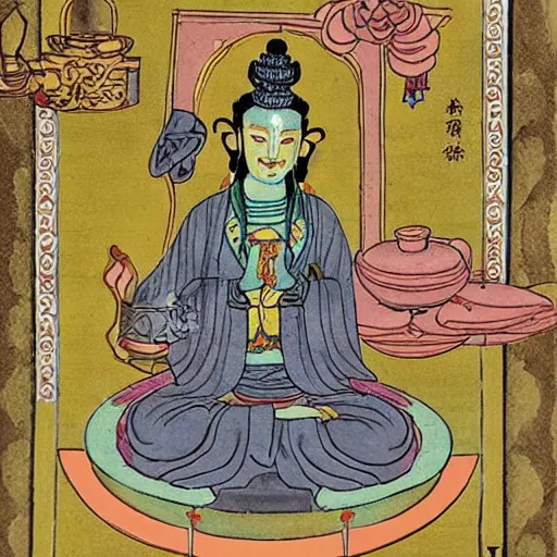 Image similar to guanyin having tea with anubis