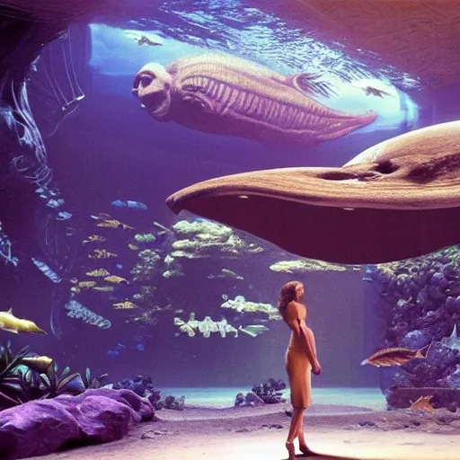 Prompt: octane render by mort kunstler and annie leibovitz and monia merlo, a massive alien aquarium inside a very giant massive huge 1 9 8 0's all - in - one computer, in the middle of a giant alien jungle, 4 d, 4 k, volumetric lighting, ray traced lighting, ultra - detailed
