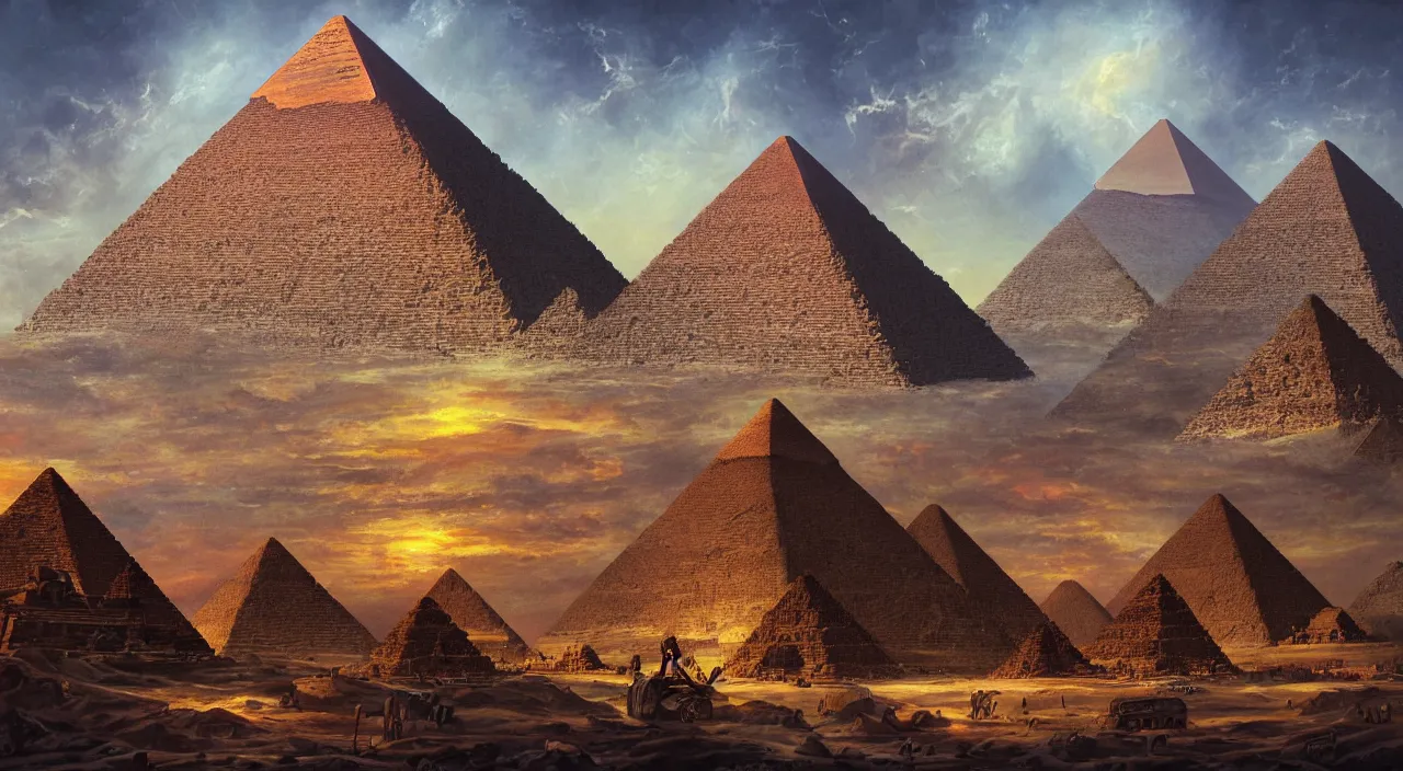 Image similar to Stunning painting of A Great Pyramid of the Future by concept art,Retro colour,hyper detailed,4K Resolution