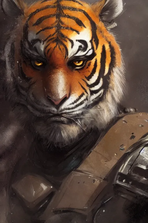 Image similar to portrait male anthro tiger dressed in military clothes character full body precis no blur, concept art, character sheet, nier automata, gaston bussiere, greg rutkowski, tsutomu nihei, cyberpunk, trending on artstation, featured on pixiv, hyper detail, cinematic composition, 8 k, detailed face