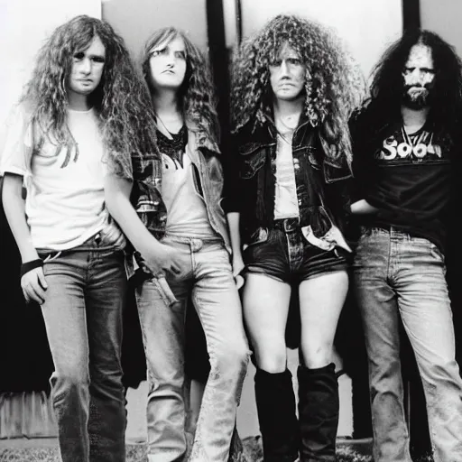 Image similar to group of 1 9 - year - old girls with shaggy wavy hair, wearing double denim, heavy metal band promo, doom metal band promo, stoner rock band promo, heavy rock band promo photo, 1 9 8 9 photo