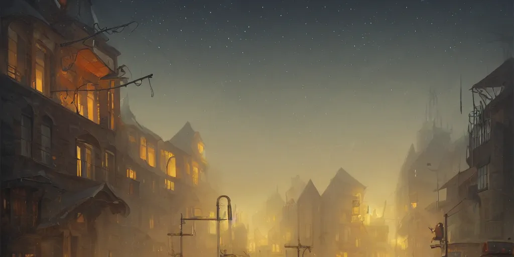 Prompt: illustration of close - up street view of pipe organ town, night, ground fog, by peter mohrbacher, by alex andreev, by jacek yerka, large depth of field, super detailed, digital art, trending on artstation, minimalism