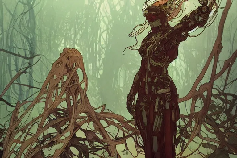 Image similar to comic book illustration, android soldier stands next to the last living tree that has white blossoms and dark wood, cyberpunk concept art by artgerm and Alphonse Mucha and Moebius, highly detailed, intricate, sci-fi, sharp focus, Trending on Artstation HQ, deviantart