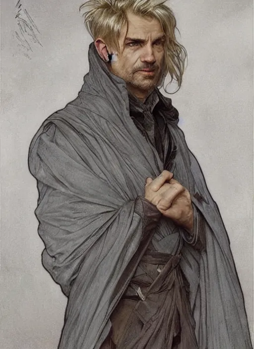 Prompt: a man aged 4 0 with blonde hair and hazel eyes and a friendly expression. he is wearing a grey cloak. head and shoulders portrait painting by artgerm and greg rutkowski and alphonse mucha.