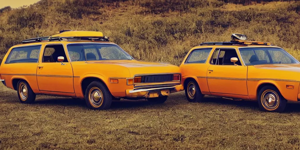 Prompt: 1 9 7 3 ford pinto stationwagon, yellow - orange color, wide - angle lens, dramatic lighting, cool marketing photo