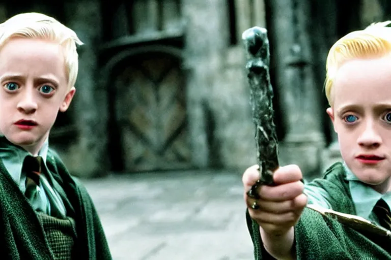 Prompt: film still Macaulay Culkin as Draco Malfoy wearing hogwarts uniform in Harry Potter movie