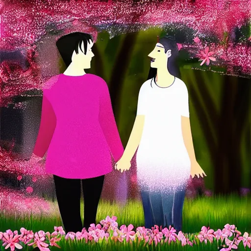 Prompt: “ two transgender lesbians happily walking together in a park holding hands with cherry blossoms in the air, digital art ”