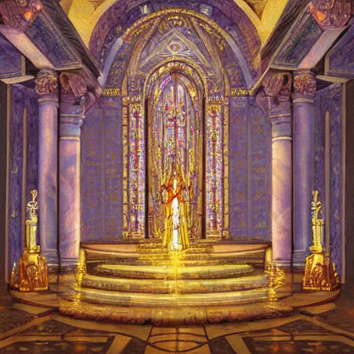 Prompt: a painting of insidr a temple celebrating a queen being crowned, maxinalist tile floor, stained glass windows, godrays, chandelier, pillars of marble, fountain of water, art by JohannesVoss, Donato Giancola, Ron Spencer, Scott Fischer, Aleksi Briclot, trending on artstation