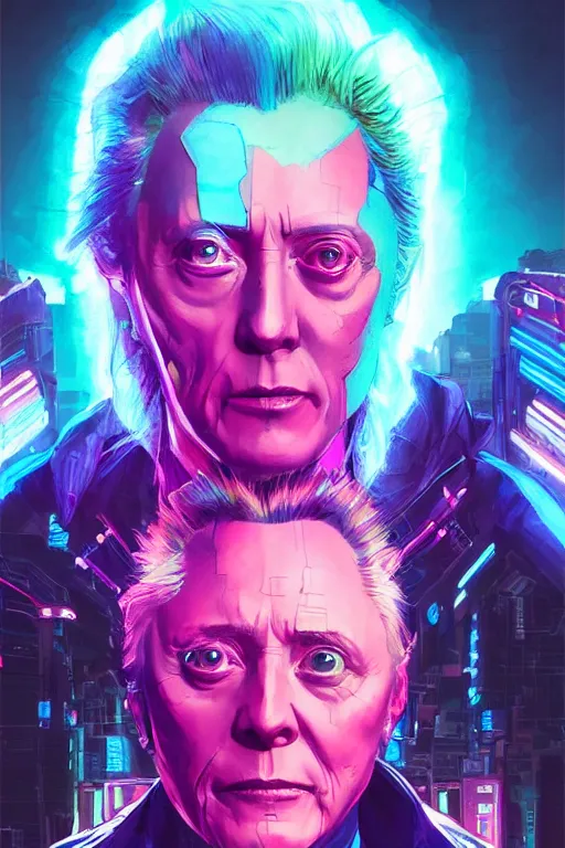 Image similar to a cyberpunk christopher walken with blue and pink hair, neon colors, hyper detailed, digital art, cinematic lighting, concept art by artgerm and greg rutkowski and moebius and jakub rebelka