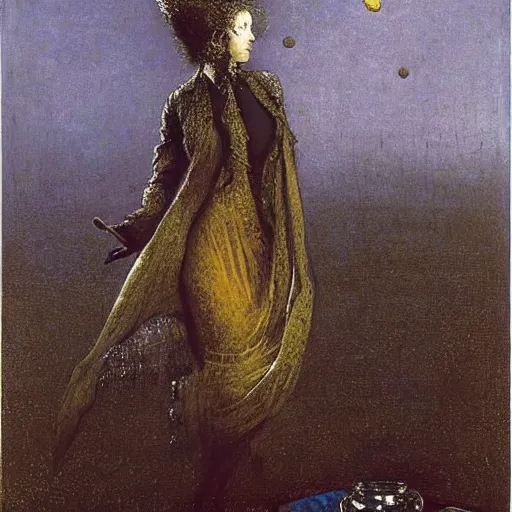 Image similar to A body art. A rip in spacetime. Did this device in her hand open a portal to another dimension or reality?! linen, lemon chiffon by John Atkinson Grimshaw chaotic, turbulent