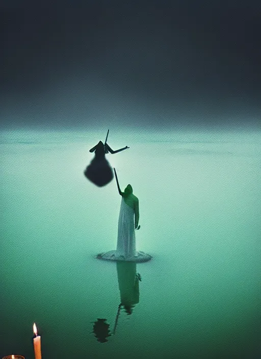 Image similar to “unicorn pepe the frog vertically hovering above misty lake waters in jesus christ pose, low angle, long cinematic shot by Andrei Tarkovsky, paranormal, eerie, mystical”
