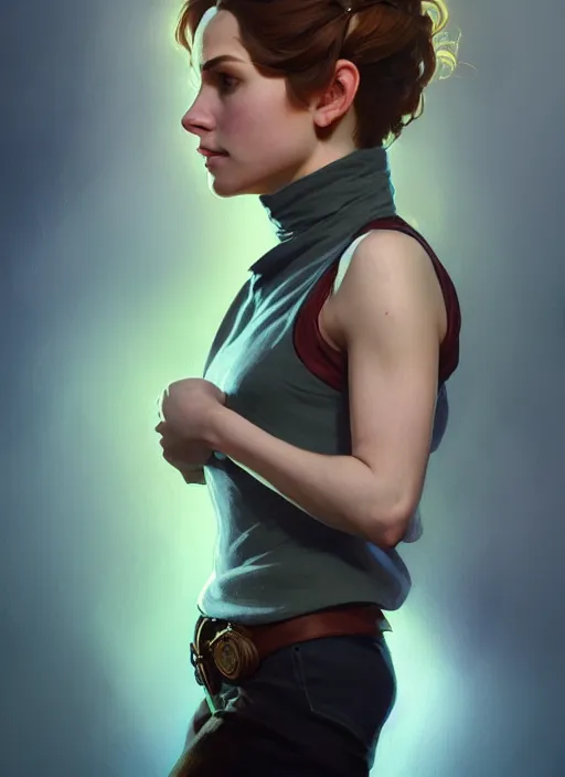 Image similar to portrait of a full body of beautiful young female detective, d & d, sleeveless turtleneck, fantasy, flat lighting, intricate, highly detailed, digital painting, artstation, concept art, smooth, sharp focus, illustration, art by simon bisley and greg rutkowski and alphonse mucha, natural tpose