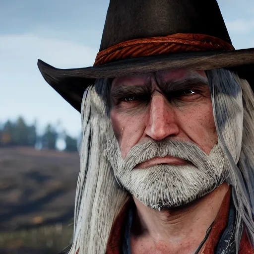 Image similar to a portrait of long!! white!! haired!! angry!! man!! as a red dead redemption 2 character shot from red dead redemption 2, ray tracing x, wet reflections, unreal engine 5, intricate details, fantasy, hyper realism, humongous view, smooth, cinematic