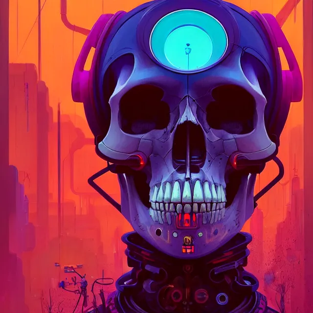 Prompt: a beautiful portrait painting of a ( cyberpunk ) skull by simon stalenhag and pascal blanche and alphonse mucha!!! and nekro! and josan gonzalez!. in style of digital art. colorful comic, film noirs, symmetry, brush stroke, vibrating colors, hyper detailed. octane render. trending on artstation