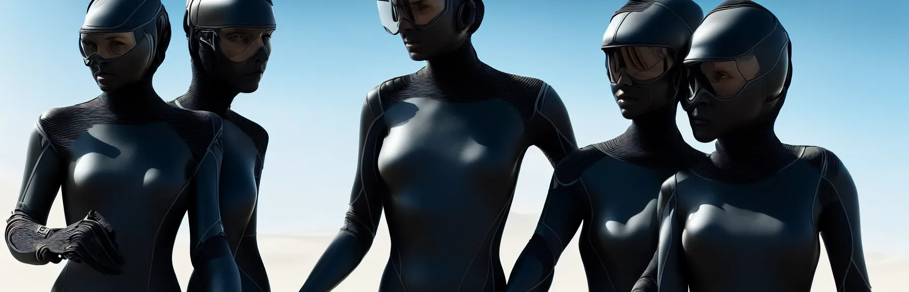 Image similar to closeup of a man and woman in a black high tech dune stillsuit,, intricate and epic concept art, highly detailed, 8k, cinematic, sharp focus