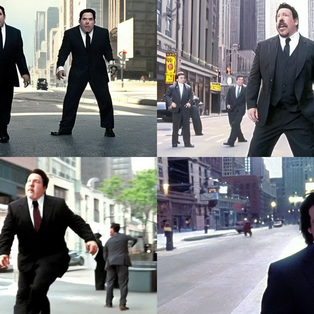 Prompt: clean-shaven Jon Favreau as Happy Hogan wearing a black suit and black necktie fighting with his clone in the streets of Chicago cinematic 35mm film still from 2009