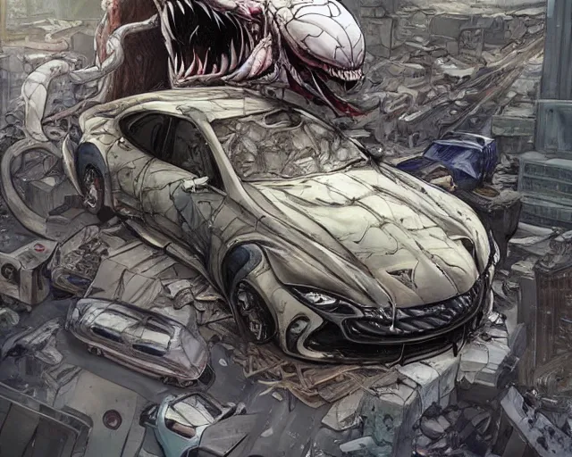 Image similar to A realistic Venom standing on top of a wrecked car in the city, open arms art by Jason Chan and Gerardo Sandoval, Ultra detailed, hyper realistic,