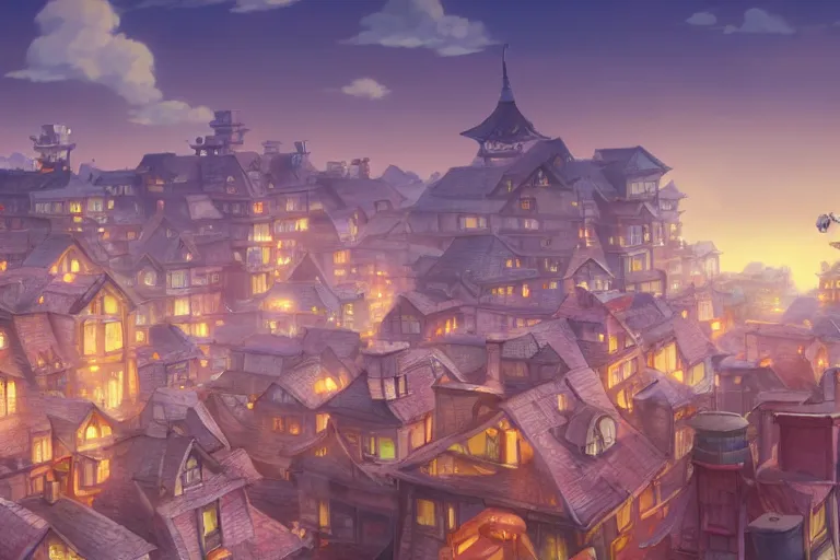Image similar to a wholesome animation key shot of a city with roofs with tiles, medium shot, studio ghibli, pixar and disney animation, sharp, rendered in unreal engine 5, anime key art by greg rutkowski, bloom, dramatic lighting