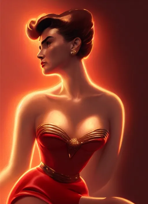 Image similar to portrait of 1 9 5 0 s darna, jennifer connelly, intricate, elegant, glowing lights, highly detailed, digital painting, artstation, glamor pose, concept art, smooth, sharp focus, illustration, art by wlop, mars ravelo and greg rutkowski