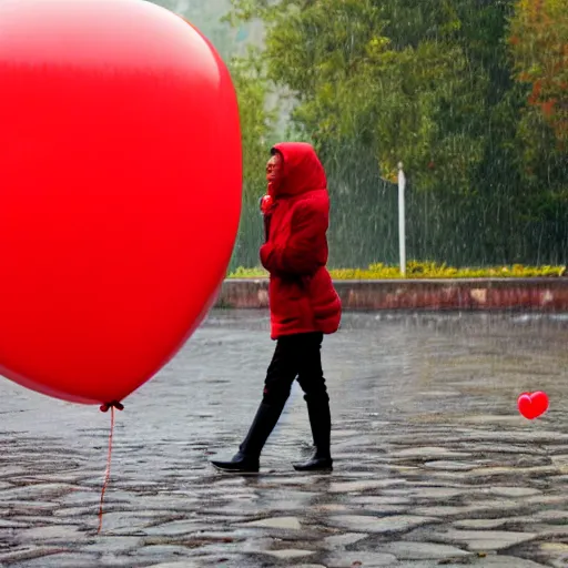 Prompt: A portrait of a lonely poor woman inflating and selling red balloons in a rainy weather at evening sunset