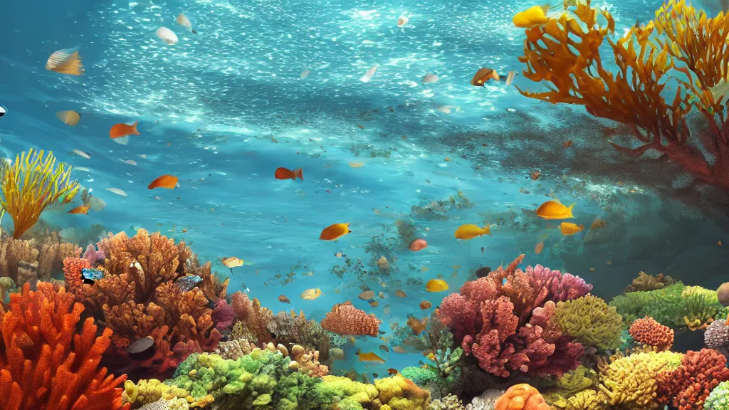 Image similar to The Australian barrier reef as seen from underwater with lots of fish, very very very beautiful scenery, hd, hdr, ue5, ue6, unreal engine 5, cinematic 4k wallpaper, 8k, ultra detailed, high resolution, artstation, award winning