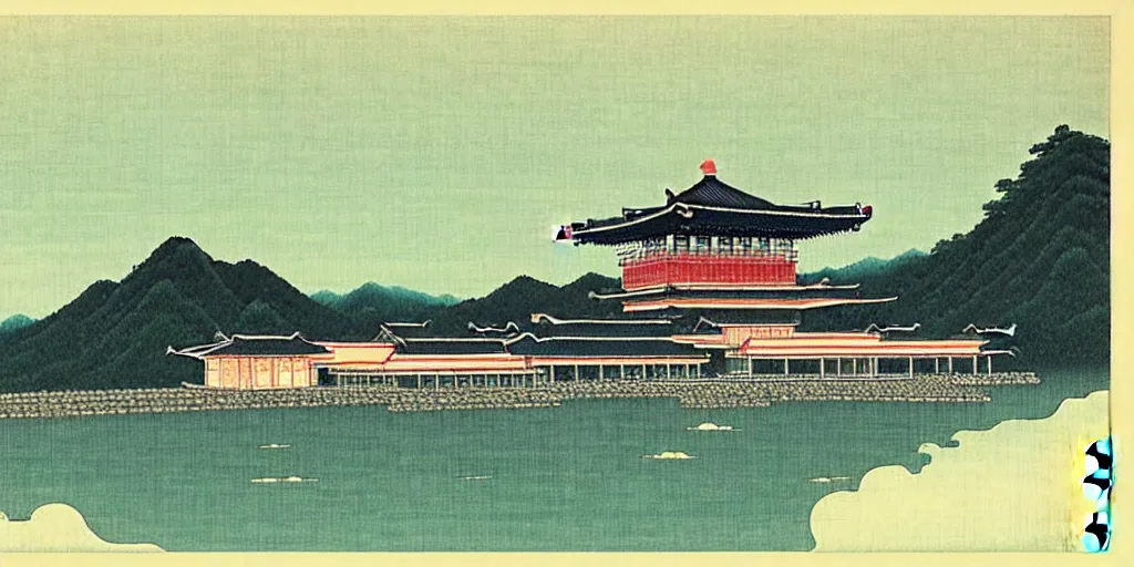 Image similar to a elder chinese space station by kawase hasui. hd