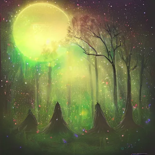 Image similar to a serene forest of faeries, beautiful galaxy in the night sky