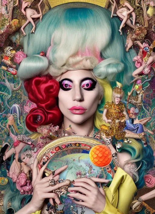 Prompt: lady gaga in wonderland : : by martine johanna and simon stalenhag and chie yoshii and casey weldon and wlop : : ornate, dynamic, particulate, rich colors, intricate, elegant, highly detailed, vogue, harper's bazaar art, fashion magazine, smooth, sharp focus, 8 k, octane render,