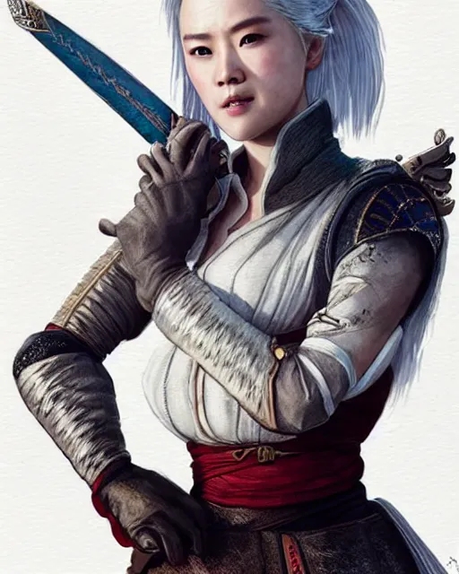 Image similar to Zhang Ziyi as Ciri from Witcher 3 by Artgerm and Greg Rutkowski, wearing haute couture by schiaparelli, sharp focus, sun rays, intricate, elegant, highly detailed, digital painting, masterpiece.