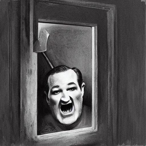 Image similar to Ted Cruz with a wide grin wielding a bloody hatchet peaking through a door in the distance at the end of a narrow corridor, black and white, creepy lighting, scary, horror, ornate, eerie, fear, oil painting