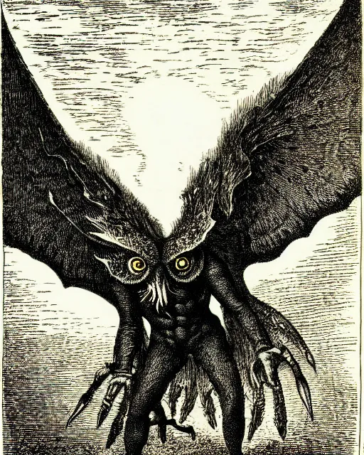 Image similar to illustration of mothman as a demon from the dictionarre infernal, etching by louis le breton, 1 8 6 9, 1 2 0 0 dpi scan, ultrasharp detail, clean scan