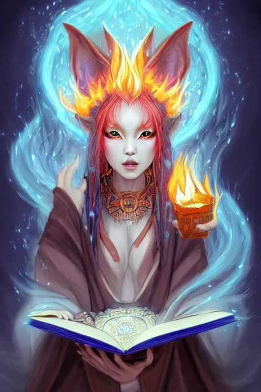 Image similar to gorgeous!!! hyper - realstic kitsune sorceress, holding a tattered magical book, casting a flame spell, blue flames, surrounded by tiny spirits, tribal face markings | drawn by wlop, drawn by jeehyung lee, drawn by artgerm | fantasy, dark, intricate, highly detailed, digital painting, character design, concept art, illustration, artstation