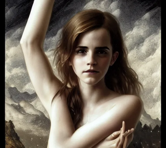 Image similar to photography emma watson with hands - up and hairy armpits, deep focus, intricate, elegant, highly detailed, digital painting, artstation, concept art, matte, sharp focus, illustration, art by artgerm and greg rutkowski and alphonse mucha and gil elvgren