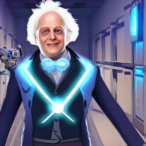 Image similar to screenshot of doctor emmett brown as an overwatch hero