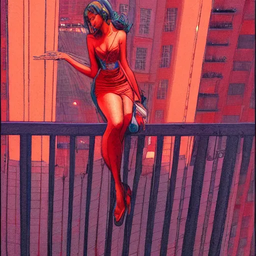 Image similar to a beautiful artwork of a woman in red dress sitting on the balcony of a hotel at night, top view, neon and rainy theme atmosphere by Jerome Opeña, featured on artstation