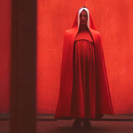 Image similar to Fashion photography of a woman wearing an outfit inspired by The Handmaid’s Tale (2017), artistic photography, cinematic lighting, insanely detailed, chiaroscuro, cinestill 800t, Vogue magazine