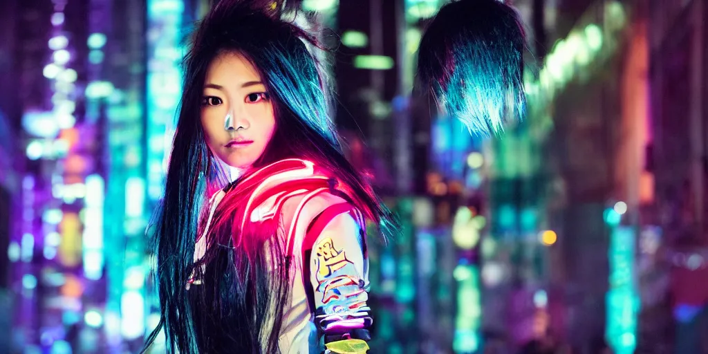 Image similar to photo portrait of an Asian woman with long Mohawk down hair wearing neon cyberpunk jacket, cinematic shot, night lighting, dslr bokeh depth of field