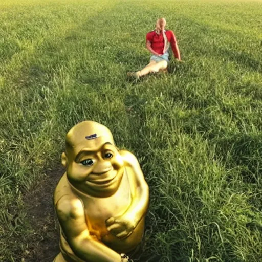 Prompt: drunk russians find a golden Shrek statue in a field