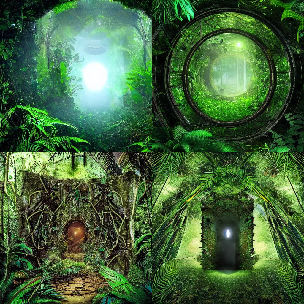 Prompt: portal to a parallel dimension in a dense jungle