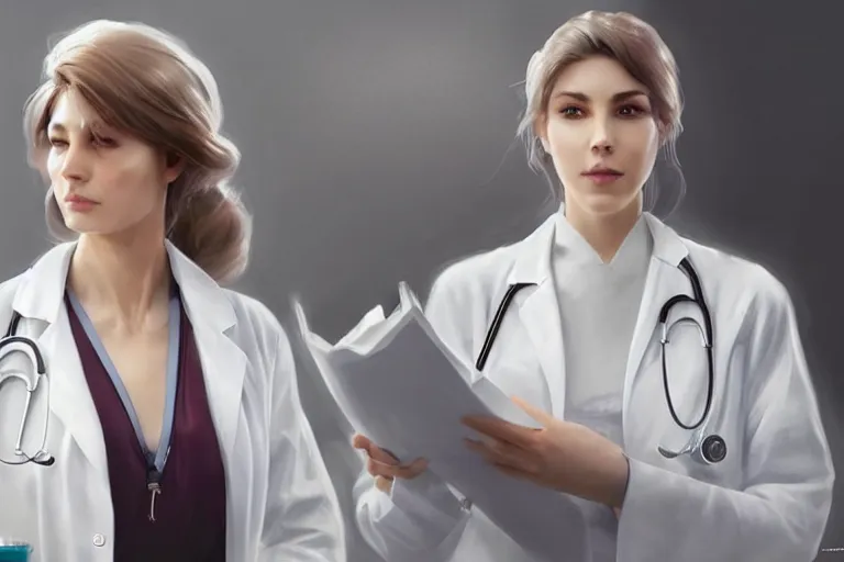 Image similar to an elegant and beautiful female doctor in a white coat in a hospital ward, cinematic, highly detailed, digital painting, artstation, concept art, matte, sharp focus, illustration, art by artgerm and greg rutkowski