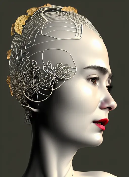 Image similar to complex 3d render ultra detailed of a beautiful porcelain profile woman face, mechanical cyborg, 150 mm, beautiful natural soft light, rim light, silver gold details, bloom magnolia big leaves and stems, roots, fine foliage lace, maze like, mesh wire, intricate details, hyperrealistic, ultra detailed, mandelbrot fractal, anatomical, red lips, white metal armor, facial muscles, cable wires, microchip, elegant, high fashion, octane render, H.R. Giger style, 8k