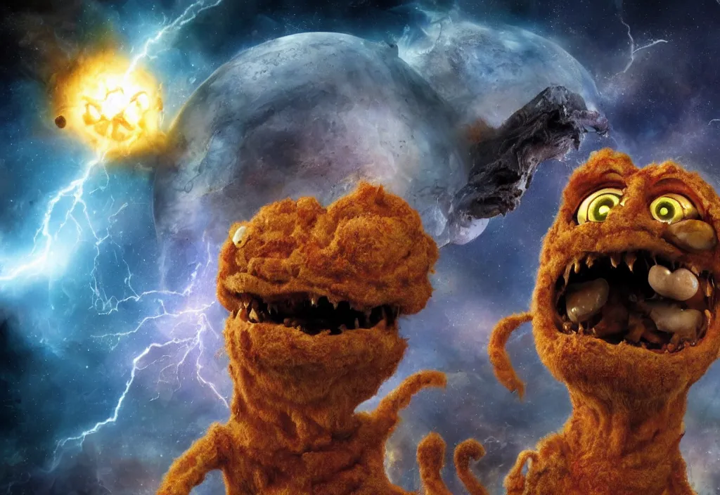 Image similar to eldritch horror bloody garfield in space, hd, 8 k, giant, epic, realistic photo, unreal engine, prophecy, powerful, cinematic lighting, destroyed planet, debris, violent, sinister, ray tracing, dynamic, epic composition, dark, horrific, teeth, grotesque, monochrome drawing, hellscape, corpses, foreboding, lightning, garfield cartoon eyes