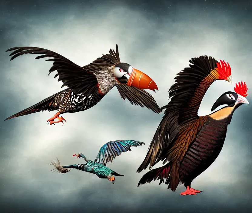 Image similar to a realistic photo of a birdlike creature made of birds merged, creature wrinkles feathers exotic morphing hoopoe, morphing wings king vulture head, merging pheasant skin merged sky animal, atlantic puffin, turaco morphing chicken, clear, global illumination, refraction, displacement map, bump map, normal map