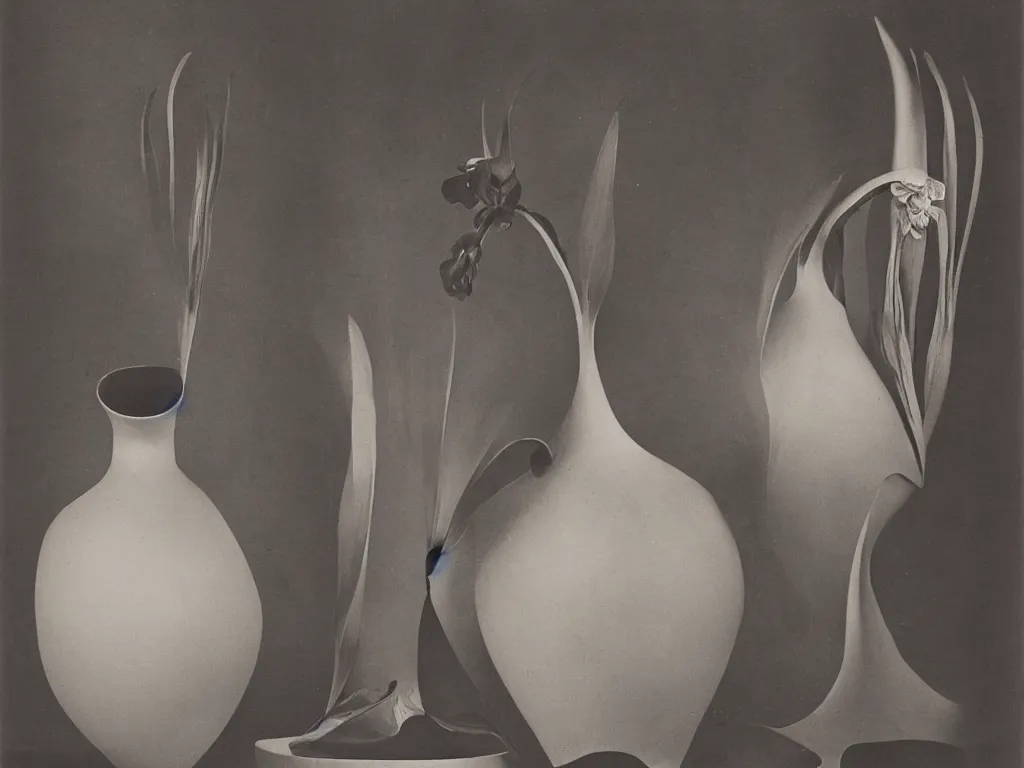 Prompt: flaming gothic vase, pot, jug in the shape of a iris flower. karl blossfeldt, salvador dali