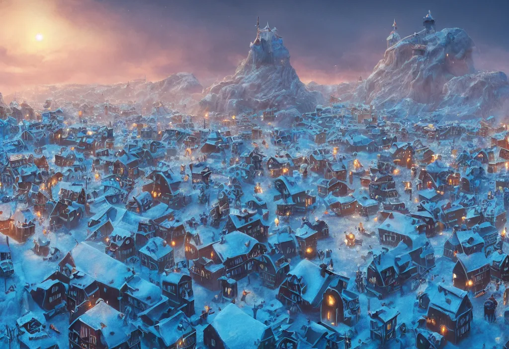 Prompt: accidentally wes anderson award - winning photograph of a frozen frostpunk city, art by greg rutkowsky, trending on artstation, cinematic lighting, filmic grain, golden hour, detailed, 4 k